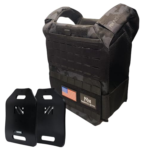 Northgym Adjustable Weighted Vest/Incl. 3D Weight Plates in 14lbs / 20lbs/ 30lbs/ 42.5lbs - Optimized Weight Distribution and with Curved Plates for Running, Functional Training and Working Out - style: Black Camo 30lbs