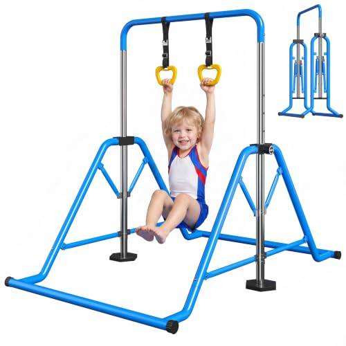 Expandable Gymnastics Bars 45''-61'' with Side Support Bars for Kids - color: Blue with rings