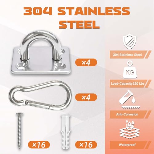 4 Pack Heavy Duty M6 304 Stainless Steel Pad Eye Plates with Snap Hooks, Swing Hanger Hardware Kit for Hammock Chair, Porch Swing, Yoga Swing, Ceiling Mount Anchor, Indoor & Outdoor Use