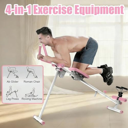Ab Workout Equipment Abs Trainer, 4 in 1 Workout Machine with Ab Slider Roman Chair Rowing Leg Press, All in One Fitness Equipment for Home Gym Training - color: Pink