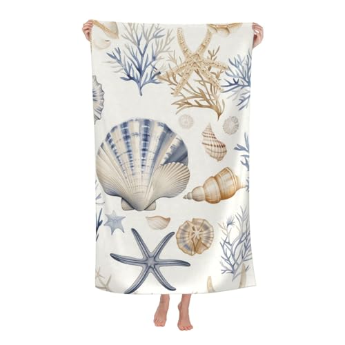 Seashell Starfish Beach Towel,32x52in Microfiber Quick Dry Coastal Ocean Coral Shells Bath Towels,Soft Lightweight Oversized Sand Free,for Travel Pool Swimming Gym Decor,Gifts - color: Ocean