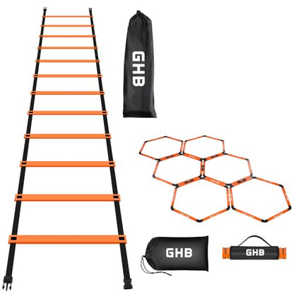 GHB Agility Ladder 1 Pack and Hex Agility Rings 1 Pack 12 Rung 20ft with 3 Carrying Bag