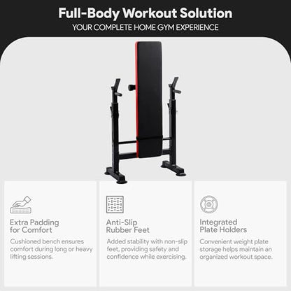 BalanceFrom Adjustable Folding Multifunctional Workout Station Adjustable Olympic Workout Bench with Squat Rack - color: Black/Red