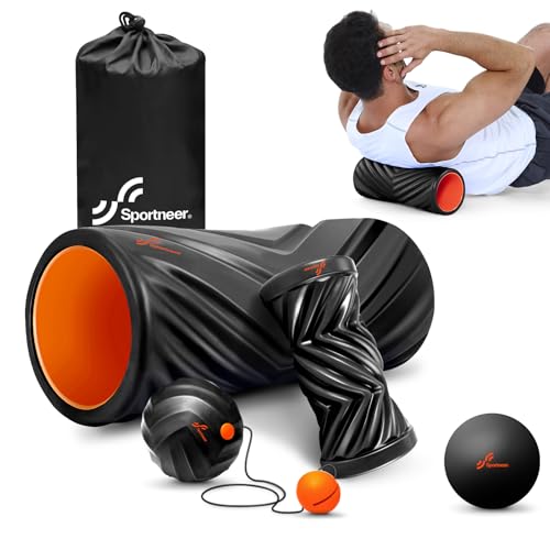 Sportneer 4 in 1 Foam Set, Muscle Relax Kit with 2 Textured Foam Pilates Rollers, Stringed Exercise Ball, Lacrosse Ball for Muscle Shoulder Back Leg Whole Body Relax Fitness Yoga - color: Black