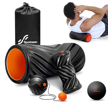 Sportneer 4 in 1 Foam Set, Muscle Relax Kit with 2 Textured Foam Pilates Rollers, Stringed Exercise Ball, Lacrosse Ball for Muscle Shoulder Back Leg Whole Body Relax Fitness Yoga - color: Black