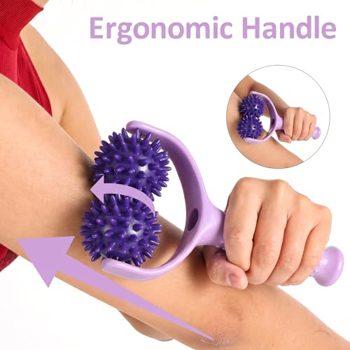 Spiky Massage Balls Rollers with Dual Ball Design, Manual Massage Stick with Ergonomic Handle, Lightweight and Portable Point Muscle Massages Tool Pain Relief for Back Neck Shoulder Leg - color: Purple