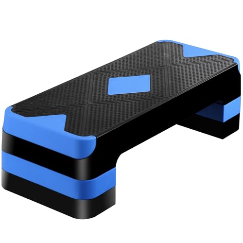 26.5" Height Adjustable Step Aerobic Platform with 4 Risers, Exercise Workout Stepper for Home Training, Gym Fitness, 4''- 6'' - 8'', 400 lbs Capacity - color: Blue