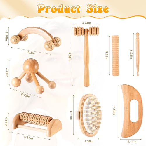TrelaCo 8 Pcs Wood Therapy Massage Tools Set, Lymphatic Drainage Massager Maderoterapia Kit, Manual Massage Rollers for Muscle Pain Relief, Anti-Cellulite, Body Contouring and Shaping