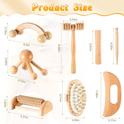 TrelaCo 8 Pcs Wood Therapy Massage Tools Set, Lymphatic Drainage Massager Maderoterapia Kit, Manual Massage Rollers for Muscle Pain Relief, Anti-Cellulite, Body Contouring and Shaping