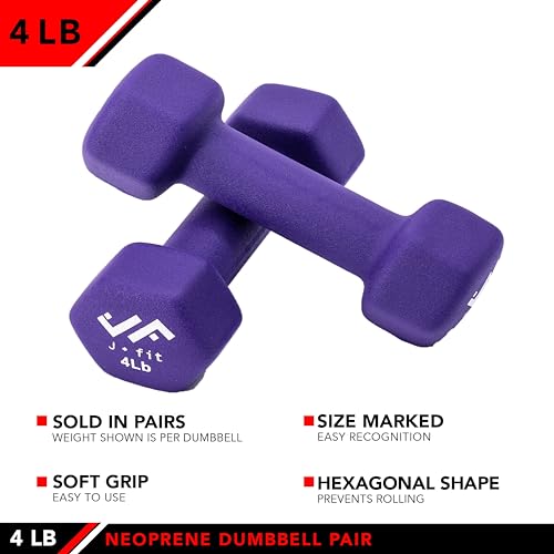JFIT Dumbbell Pairs or Sets – Neoprene & Vinyl Coated Hand Weights for Home Gym, Strength Training, Aerobics, Cardio Exercise and Fitness - size: 4 lbs (Pair), style: Dumbbell Pair