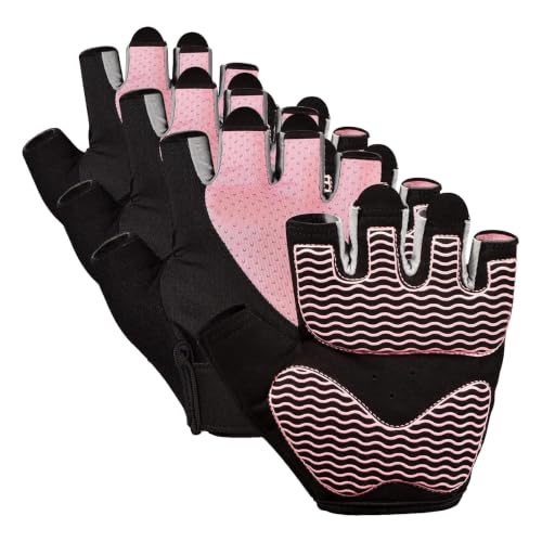 sunnex Workout Gloves for Women - Breathable Weight Lifting Gloves with Non-Slip Silicone Padding, Fingerless Gym Gloves for Cycling, Rowing, Pull Ups & Training (4 Sizes) - color: JS-PINK, size: Medium (Pack of 3)