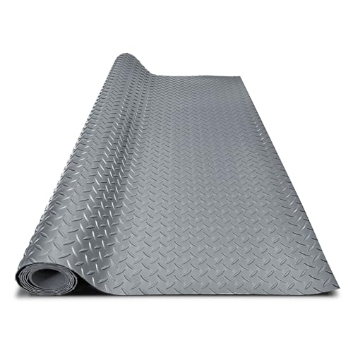4x6FT Garage Floor Mat, 2.8mm Thickened Flooring Roll for Under Car, Golf Cart Parking Mat, Diamond Plate PVC Rubber Motorcycle Mat, Non-Slip Floor Protector for Garage Warehouse Trailer, Grey