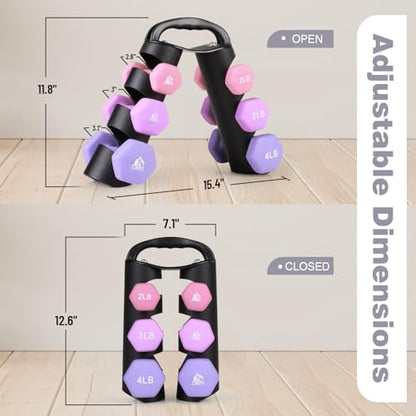 LIONSCOOL Set of 2 Neoprene Coated Dumbbell Hand Weights, Anti-Slip and Anti-Roll Hex Dumbbells in Pair for Strength Training, Resistance Training - style: 18lb, set of 6 with stand (Lilac Fantasy)