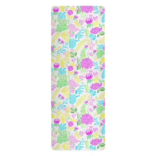 Pastel Floral Leaves Thin Yoga Mat for Women Men, Non-Slip Rubber Base Sweat Absorbent Exercise Mat for Indoor/Outdoor, Portable Foldable with Storage Bag, 71"x26"