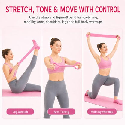 Pilates Kit for Women, 13 Piece Home Workout Starter Set with 14 Inch Ring, Mini Ball, 5 Resistance Bands, Yoga Socks, Stretch Strap and Carry Bag for Core Strength, Toning, Flexibility