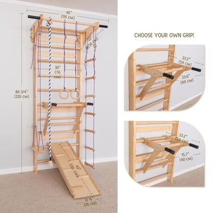 Swedish Ladder Wall Bars with Pull-Up Bar for Kids & Adults – Wooden Stall Bars Home Gym with Gymnastic Rings, Slide, Swing, Climbing Rope & Rope Ladder