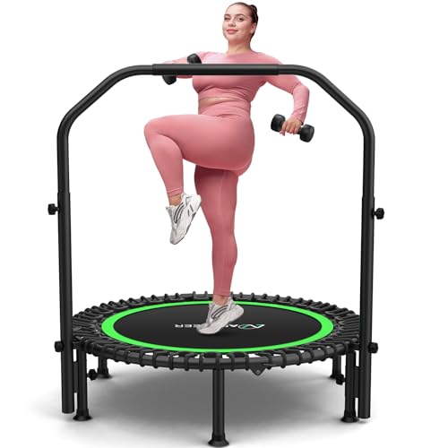 ANCHEER 40"/48" Foldable Mini Trampoline,Max Load 450lbs/550lbs Indoor Trampoline,with 4 Level Adjustable Foam Handle and Resistance Bands,Adult Exercise Trampoline for Home, Garden, and Gym - color: Deep Green, size: 40 inch