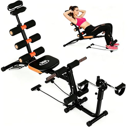 6 in 1 Ab Workout Bench for Home Gym Adjustable Workout Bench with Leg Extension, 360° Twisting Seat, Pedal, Multi-Functional Adjustable Ab Crunch Machine for Total Body Workout