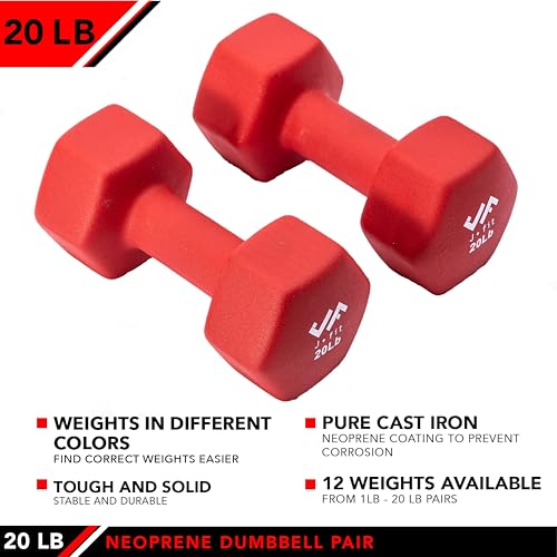 JFIT Dumbbell Pairs or Sets – Neoprene & Vinyl Coated Hand Weights for Home Gym, Strength Training, Aerobics, Cardio Exercise and Fitness - size: 20 lbs (Pair), style: Dumbbell Pair