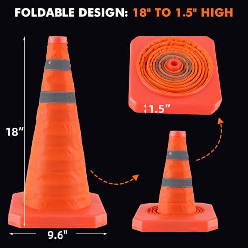 18 Inch 3 Pack Collapsible Traffic Safety Cones, Orange Cones with Reflective Collar, Portable Multipurpose Traffic Cones for Parking Construction Driving Training Sports Practice - size: 18” - 3PACK
