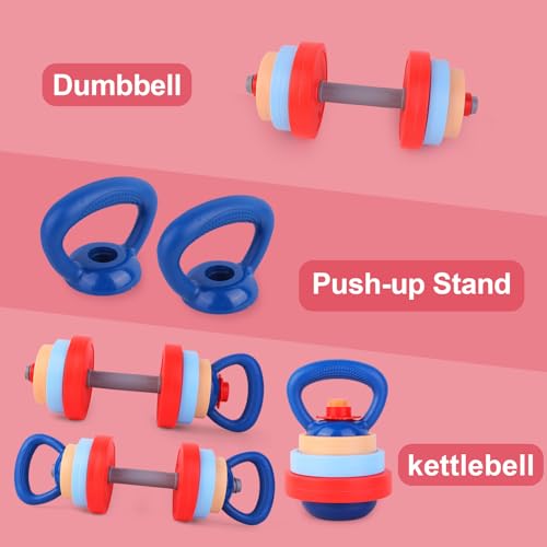 Kids Exercise Equipment With 2 Dumbbells and Kettlebell - Adjustable Workout Toy Equipment for Children Pretend Play Exercise - Toddler Beginner Gym & Fitness Family Games for Birthday Gifts