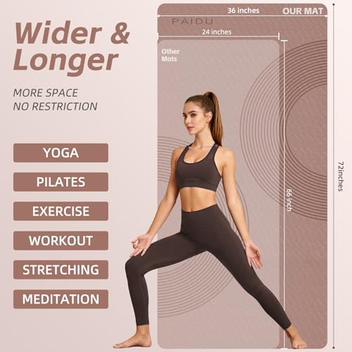 PAIDU Large Yoga Mat, 72" x 36" x 2/5"（10MM） Thick Non-Slip Exercise Mat, SGS-Certified POE Material, Ideal for Home Gym, Yoga, Pilates, Fitness Workouts & Floor Mat - color: Brown - Double C