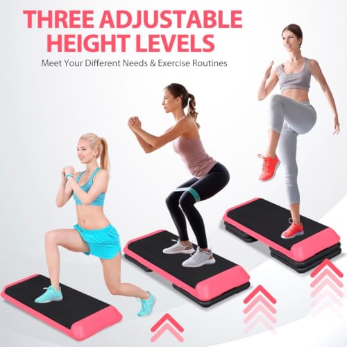 ZENY 43'' Exercise Aerobic Step Platform, Adjustable Fitness Stepper with 4 Stackable Risers, Aerobics Stepper Workout Stepper for Home Gym Cardio Strength & Training - color: Rose Pink