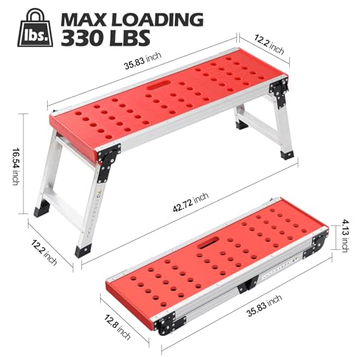 KINGRACK Folding Work Platform, Adjustable Step Ladder with Anti-Slip Feet Cover, Lightweight Stepladder with Safety Lock for Home, Office, Workshop and Garage, Maximum Load 330lbs