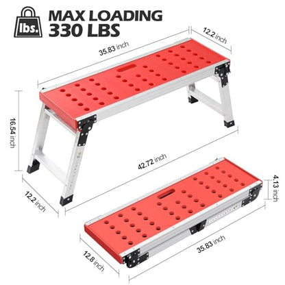 KINGRACK Folding Work Platform, Adjustable Step Ladder with Anti-Slip Feet Cover, Lightweight Stepladder with Safety Lock for Home, Office, Workshop and Garage, Maximum Load 330lbs