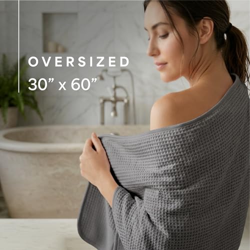 S&T INC. Aura Microfiber Waffle Bath Towels, 4 Pack, Quick-Dry, Ultra Absorbent, Lightweight Towels for Bathroom, 30 inches x 60 inches, 420GSM, Grey