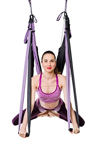 Aerial Yoga Swing Set - Yoga Hammock Hanging Swing - Aerial Sling Inversion Fly Kit - Acro Yoga Inversion Tool - Antigravity Toga Sling - Suspension Trapeze (Grey-Lilac)