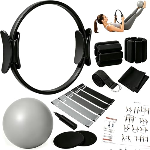 Pilates Equipment Kit for Home Workout,Pilates Ring and Ball Set,Pilates Essentials Accessories Kit for Women with Core Sliders,Adjustable Ankle Wrist Weight,Exercise Resistant Bands - color: black