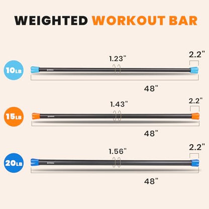 Workout Weighted Bar,Padded Exercise Weight Bar, Solid Steel Stretching weighted bar set for Body Sculpting, Physical Therapy,Body Toning - size: Set of 3 - 10LB, 15LB and 20LB