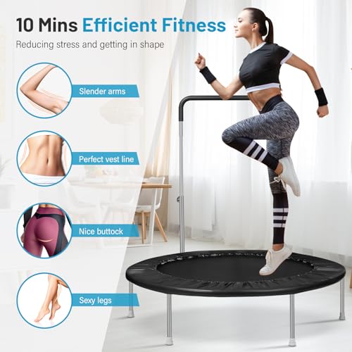40" / 48" Rebounder Trampoline for Adults with Adjustable Bar, Mini Fitness Trampoline for Adults and Kids, Small Exercise Trampoline with Handle for Indoor Outdoor Workout