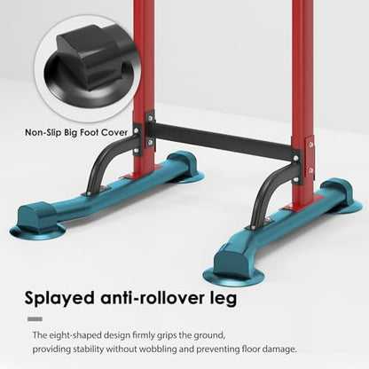 Adjustable Pull-Up Bar and Dip Station 10 Height Settings 400 lb Capacity Multifunctional Home Gym Heavy Duty Steel Widened Base for Calisthenics Red and Black