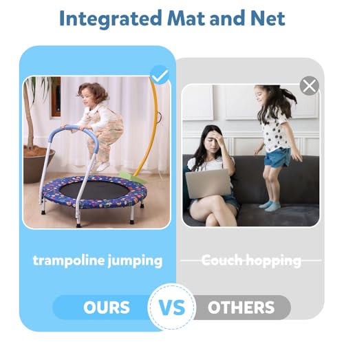 36"/55" Trampoline for Kids, Mini Toddler Trampolines Indoor with Basketball Hoop & Safety Enclosure Net, No-Gap Safe Desian for Boys Girls Ages 1-8 - color: Deep Blue, style: 36" with Handle