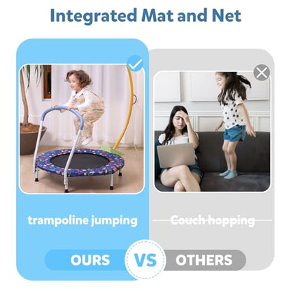 36"/55" Trampoline for Kids, Mini Toddler Trampolines Indoor with Basketball Hoop & Safety Enclosure Net, No-Gap Safe Desian for Boys Girls Ages 1-8 - color: Deep Blue, style: 36" with Handle