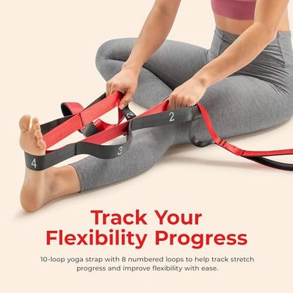 Sunny Health & Fitness Premium Yoga Stretch Strap with 8 Individual Grip Loops - 75" x 1.5" Durable Polyester Stretching Strap for Flexibility, Physical Therapy, Pilates, and Full Body Workouts