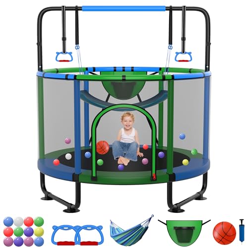 SKYUP 54"/60''/66" Mini Trampoline for Kids Ages 3+, 400LBS No-Gap Toddler Trampoline with Net, Swing, Adjustable Gymnastics Bars, Basketball Hoop, Indoor/Outdoor Trampoline, Boys & Girls Gifts Toys - color: Green, size: 4.5FT
