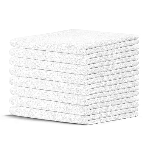 Crystal Ridge 100% Cotton Premium Wash Cloths, 12"x12", 8 Pack, Soft Feel, Absorbent Multipurpose Towels for Bathroom, Kitchen and Gym. Face & Body Washcloths, Bar Towels (8, White)