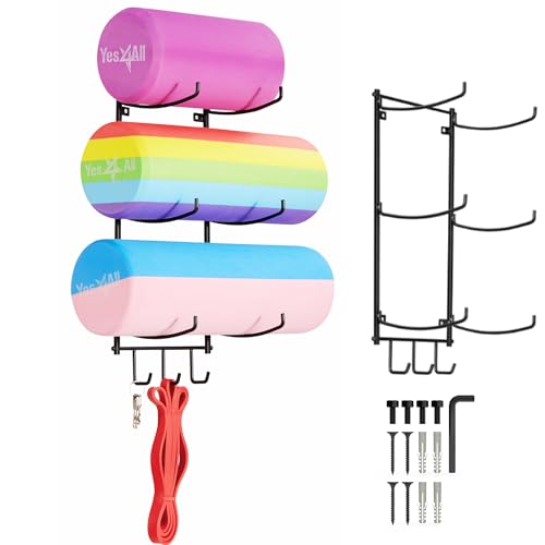 Yes4All 3-Tier and 5-Tier Steel Yoga Mat Rack Organizer Wall Mount with 3 Hooks, Foam Roller Holder Wall Mount Rack For Yoga Mat Storage, Hanging Yoga Strap and Resistance Bands