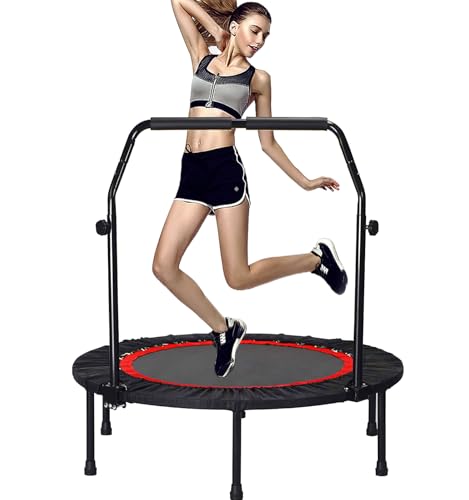 40'' Fitness Trampoline with 4 Levels Height Adjustable Foam Handle, Foldable Mini Rebounder for Adults Home Indoor Workout, 6-Leg Exercise Trampoline, Max Load 330lbs - color: Black with Handle