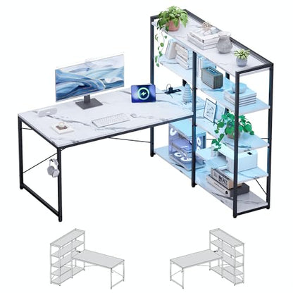 Pamray 49 Inch L Shaped Gaming Computer Desk with Shelves and Storage - color: Marble