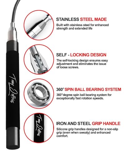 Tony Jeffries 2.0 Speed Jump Rope of 360 degree Spin Ball Bearings, Daily Exercise Skipping Rope with Silicon Grip Handles, Lightweight Self Locking Adjustable Length Jump Rope for Fitness Training