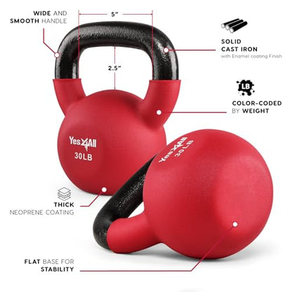 Yes4All Kettlebell, 5-65 LB Neoprene Coated Cast Iron Kettlebells, Wide Grip Handle & Flat Bottom for Swings, Squats, Deadlifts, Push Ups & Full Body Training at Home Gym - Single & Set