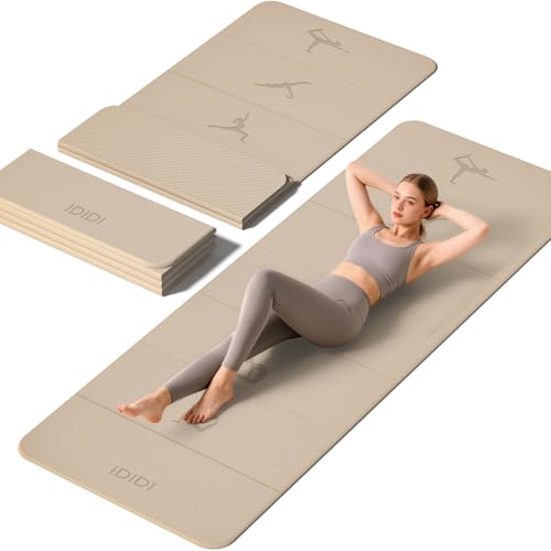 Extra Thick 10mm Foldable Yoga Mat, SGS Certified POE Non-Slip Mat, Multi-Purpose Exercise & Fitness Mats for Studio or Home - color: Beige-74"L x 26"W x 0.4"Th