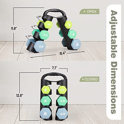 LIONSCOOL Set of 2 Neoprene Coated Dumbbell Hand Weights, Anti-Slip and Anti-Roll Hex Dumbbells in Pair for Strength Training, Resistance Training - style: 18lb, set of 6 with stand (Daylight Prairie)