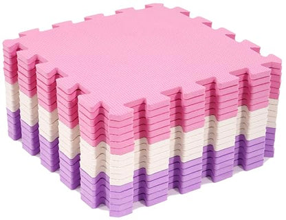 BalanceFrom 16-Pack 12x12 Inches EVA Interlocking Foam Play Tile Mat, Pink/Purple/Beige – 0.4-Inch Thick Non-Slip Puzzle Flooring for 16 Square Feet in Playroom, Nursery, or Playpen at Home