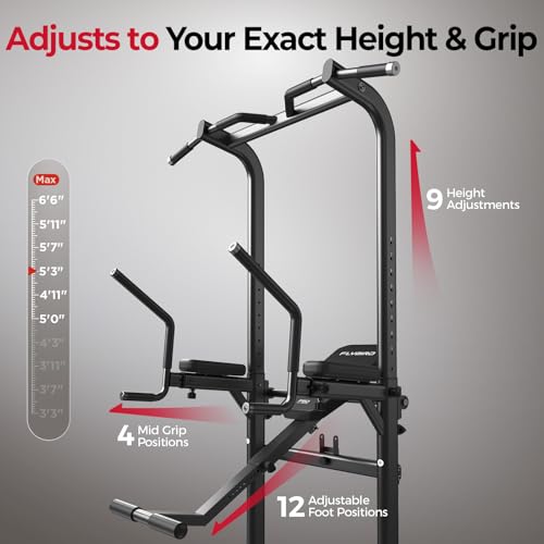 FLYBIRD 800LBS Heavy Duty Power Tower Dip Station, Adjustable Height Pull Up Stand with Crunch Leg Raise, Multifunction Strength Training Equipment for Home Gym Back Workout