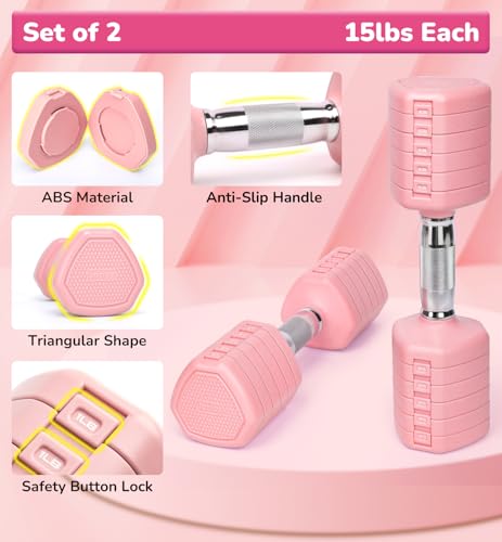 Adjustable Dumbbell Set of 2, 10LB 20LB 30LB Weight Set - color: Pink, size: 30 lbs Total-(15LB Each)